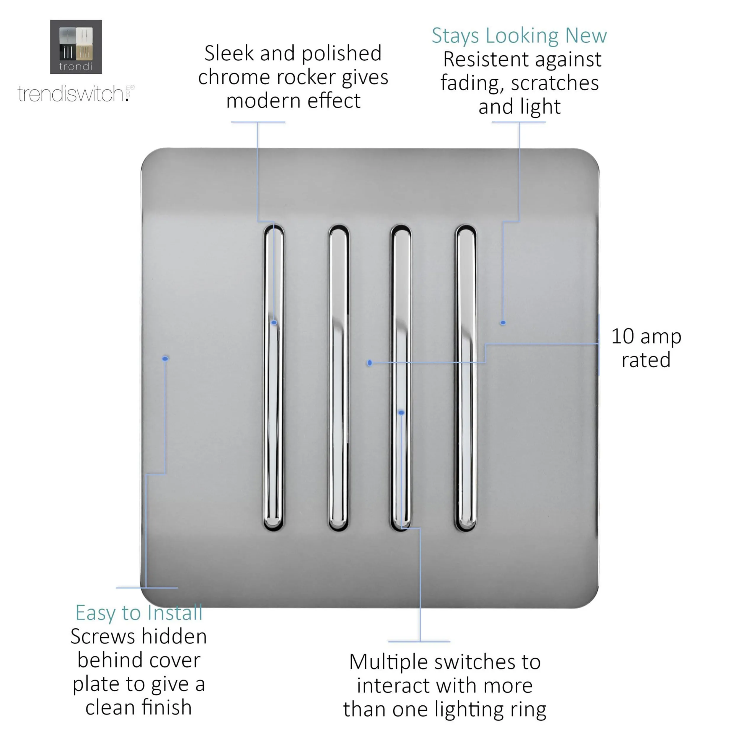 4 Gang 2 Way 10 Amp Rocker Brushed Steel ART-SS8BS  Trendi Brushed Steel